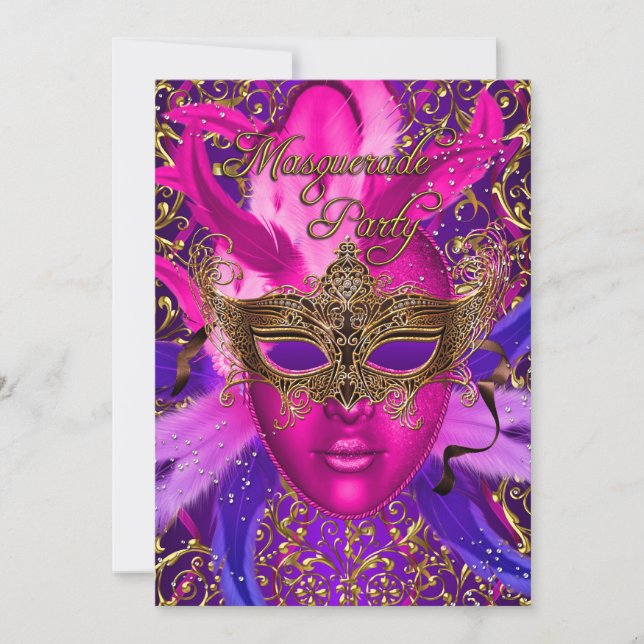 Feather Pink & Gold Mask Masquerade Party Invite (Front)