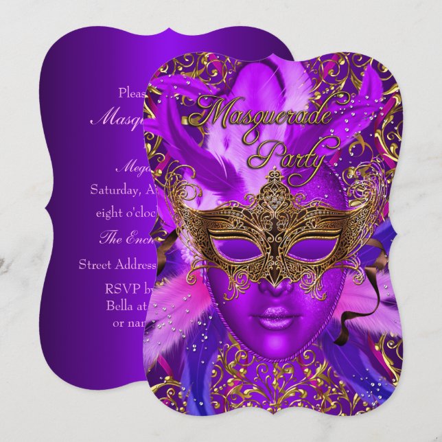 Feather Purple Gold Mask Masquerade Party Invite (Front/Back)