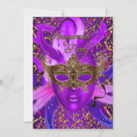 Feather Purple & Gold Mask Masquerade Party Invite