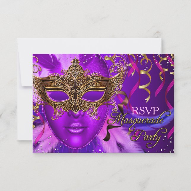 Feather Purple & Gold Mask Masquerade Party RSVP (Front)