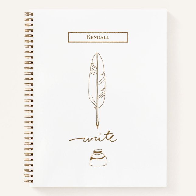 Feather Quill Custom Writing Gold hue Personalised Notebook (Front)