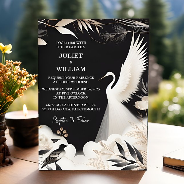 Feather Rustic Asian Sky Cloud Crane Wedding Invitation (Creator Uploaded)