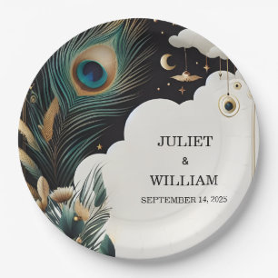 Feather Rustic Asian Sky Cloud Peacock Wedding Paper Plate