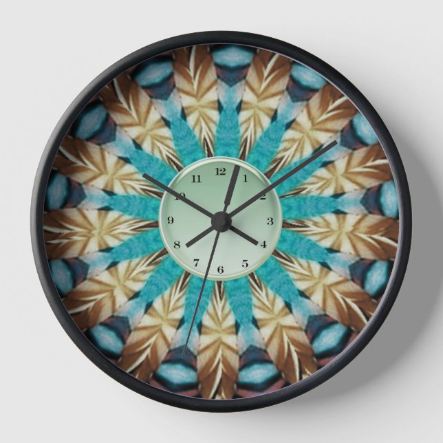 Feather Teal, brown, blue and Green Mandala Clock (Front)