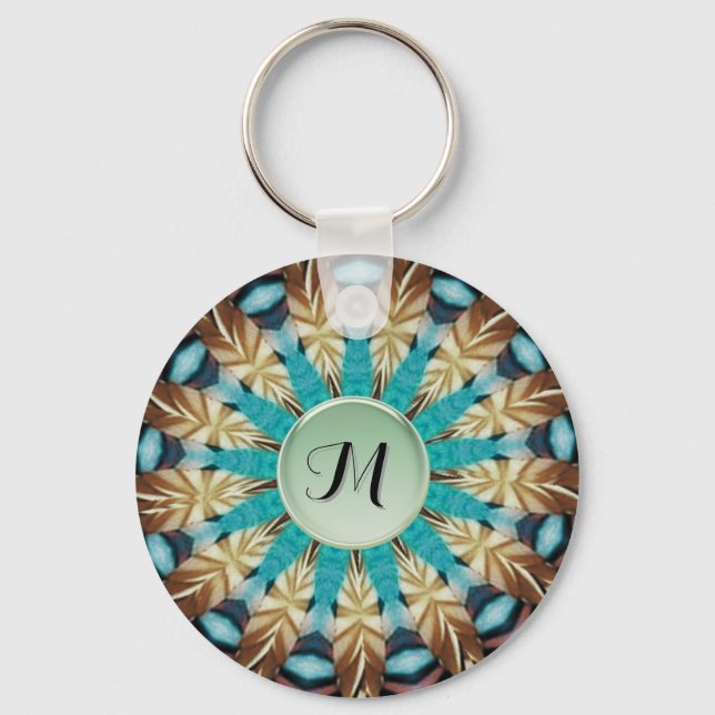 Feather Teal, brown, blue and Green Mandala Key Ring (Back)