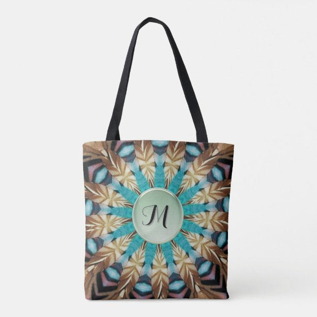 Feather Teal, brown, blue and Green Mandala Tote (Back)