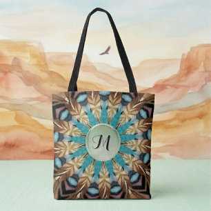 Feather Teal, brown, blue and Green Mandala Tote Bag