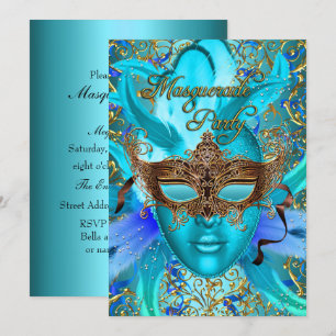 Feather Teal Gold Mask Masquerade Party Invite