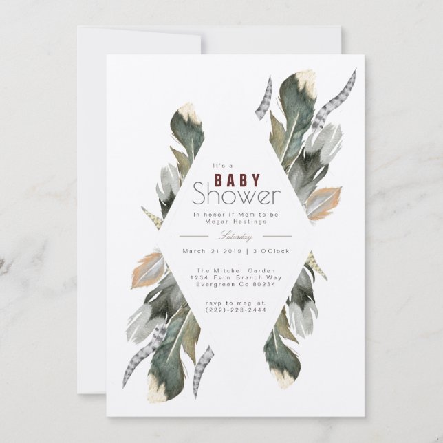 Feather Watercolor | Boho Baby Shower Invite (Front)