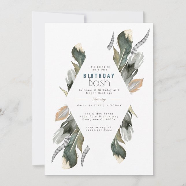 Feather Watercolor | Boho Birthday Invite (Front)