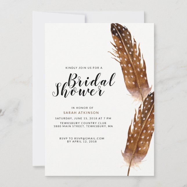 Feather Watercolor Bridal Shower Invitation (Front)