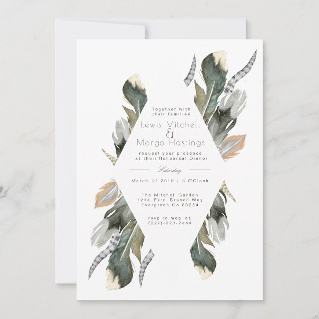 Feather Watercolor Diamond Overlay |  Rehearsal Invitation (Front)
