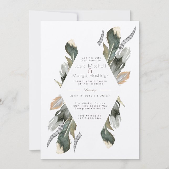 Feather Watercolor Diamond Overlay | Wedding Invitation (Front)