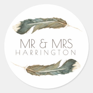 Feather Watercolor Duo   Mr & Mrs Classic Round Sticker
