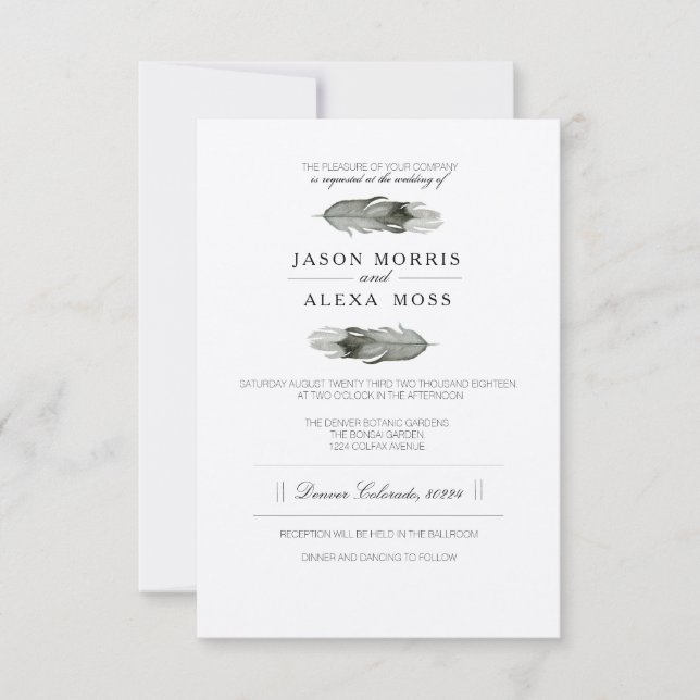 Feather Watercolor | Elegant Boho Wedding Invitation (Front)