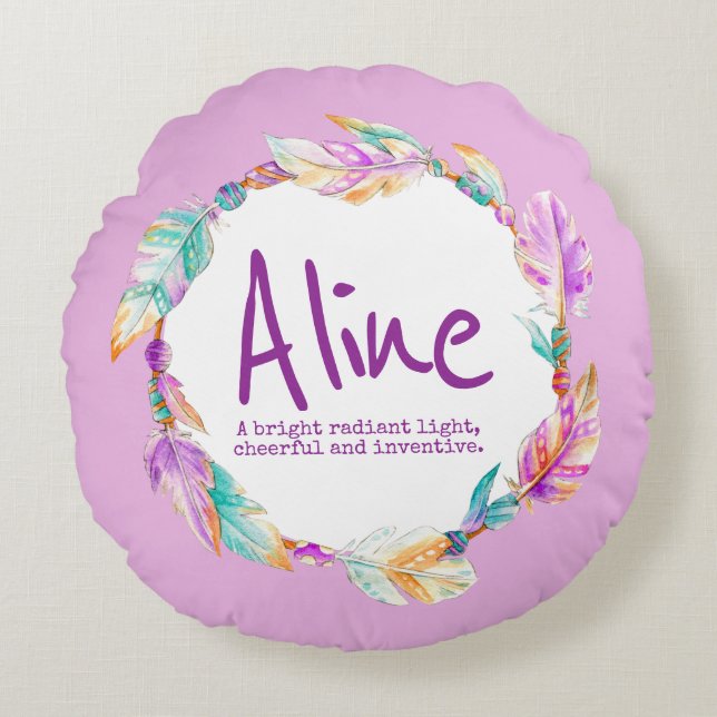 Feather watercolor name meaning Agnes round pillow (Front)