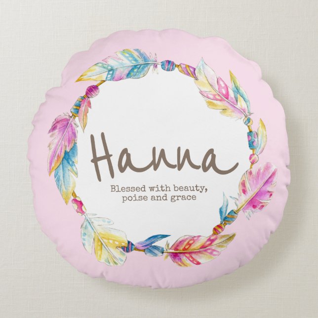 Feather watercolor name meaning Hanna round pillow (Front)