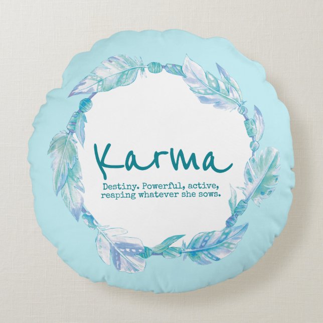 Feather watercolor name meaning Karma aqua Round Cushion (Front)