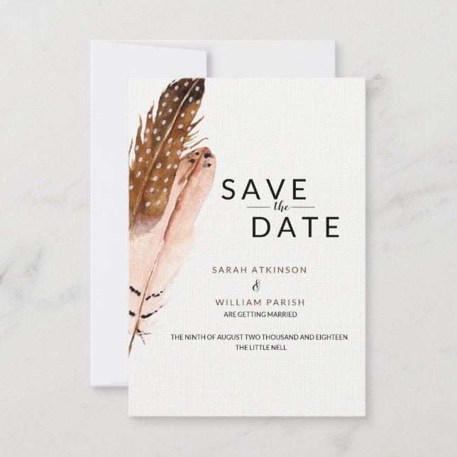 Feather Watercolor Save the Date Card (Front)