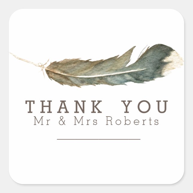 Feather Watercolor | Thank You Square Sticker (Front)