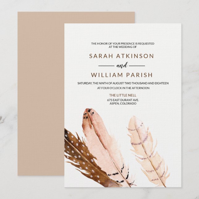 Feather Watercolor Wedding Invitation (Front/Back)