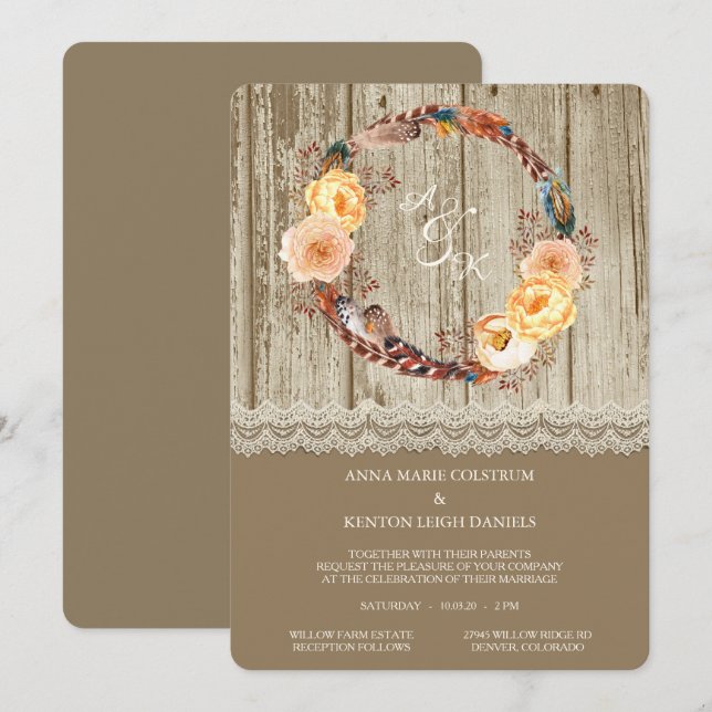 Feather Wreath Rustic Wood Wedding Invitation (Front/Back)