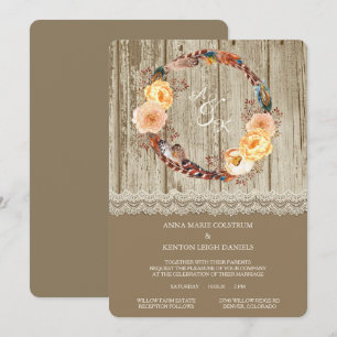 Feather Wreath Rustic Wood Wedding Invitation