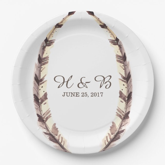 Feathered Border Wedding Paper Plates (Front)