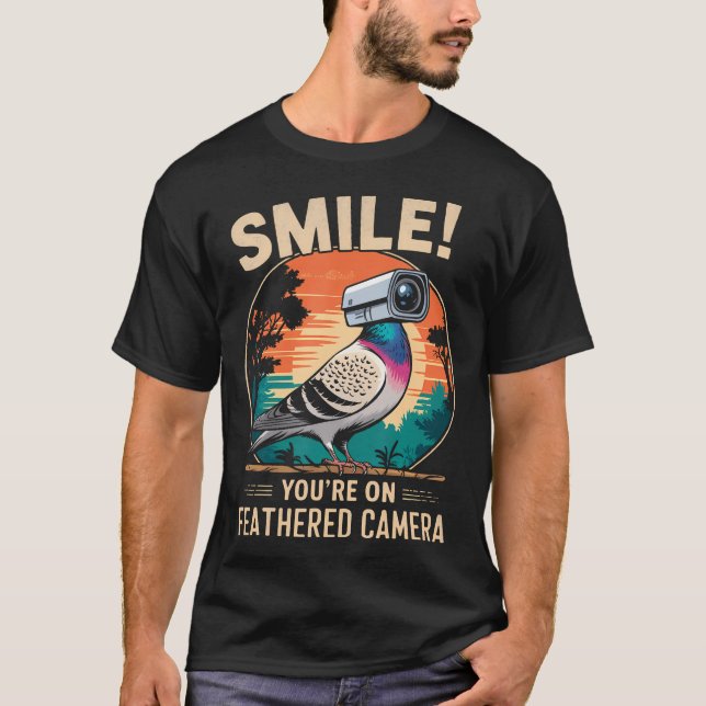 Feathered Camera Drone Recording Surveillance Bird T-Shirt (Front)