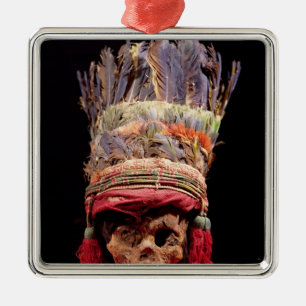 Feathered headdress on a skull, from Peru Metal Tree Decoration