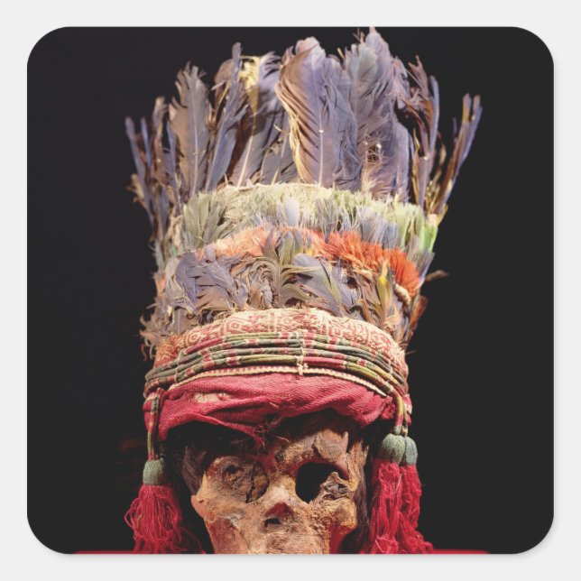 Feathered headdress on a skull, from Peru Square Sticker (Front)