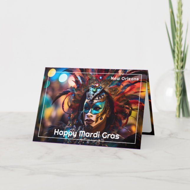 💚💜💛Feathered Splendour: Mardi Gras Opulence Card (Front)