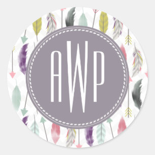 Feathers and Arrows Monogram Classic Round Sticker