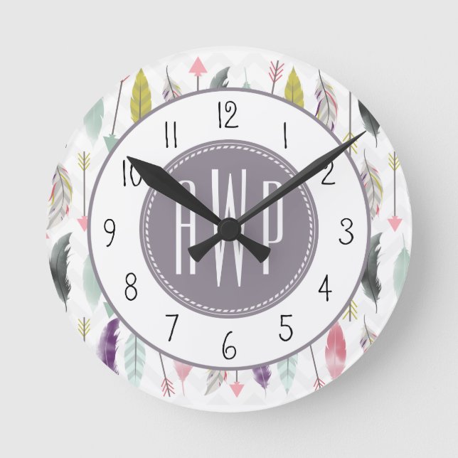 Feathers and Arrows Monogram Round Clock (Front)