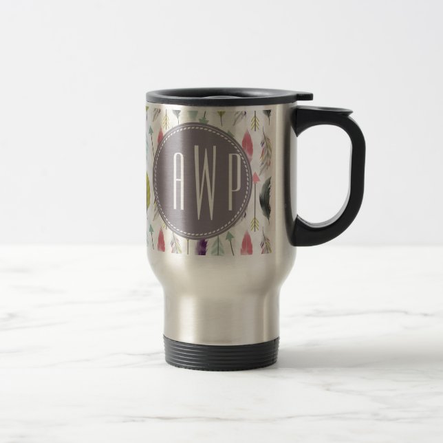 Feathers and Arrows Monogram Travel Mug (Right)