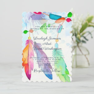 Feathers and beads boho wedding invitation