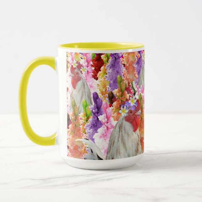 Feathers and Blooms: Rooster Among the Hollyhocks Mug (Left)