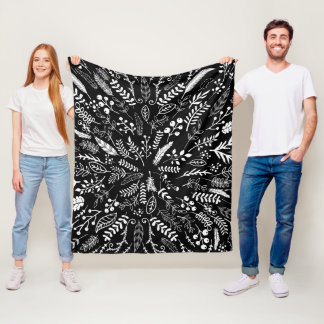 Feathers and Ferns in Black and White Fleece Blanket