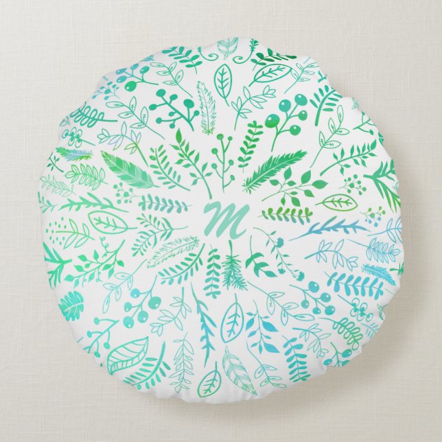 Feathers and Ferns in Blue Tones and Green Tones Round Cushion (Back)