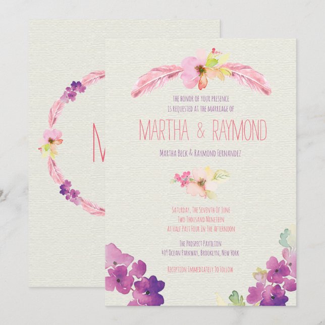 Feathers and Flowers, Wedding Invitations (Front/Back)