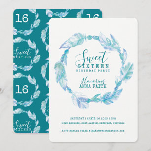 Feathers aqua watercolor sweet sixteen invitations