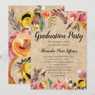 Feathers Arrows Flowers Rustic Graduation Party Invitation
