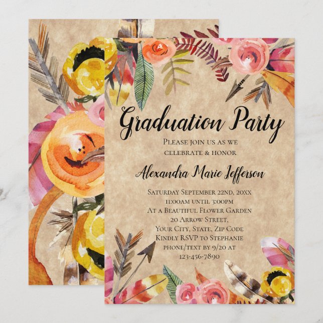 Feathers Arrows Flowers Rustic Graduation Party Invitation (Front/Back)