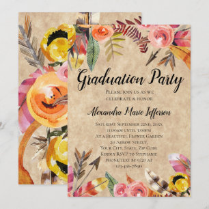 Feathers Arrows Flowers Rustic Graduation Party Invitation