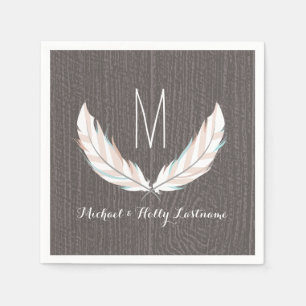 Feathers + Barn Wood Monogram Wedding Napkin