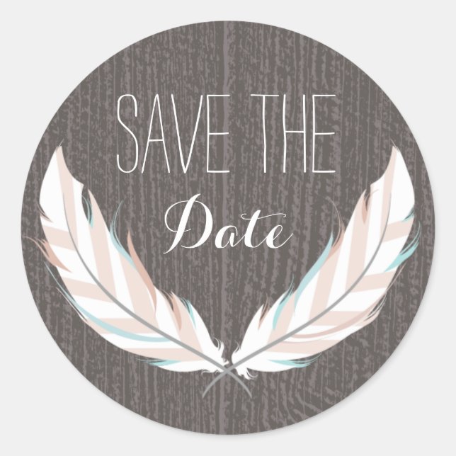 Feathers + Barn Wood Save The Date Sticker (Front)