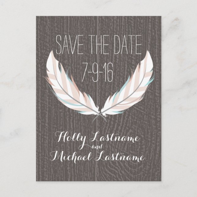 Feathers + Barn Wood Wedding Save The Date Announcement Postcard (Front)