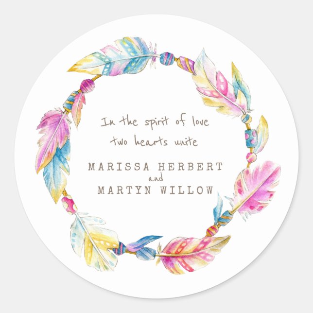Feathers beads watercolor wedding stickers (Front)