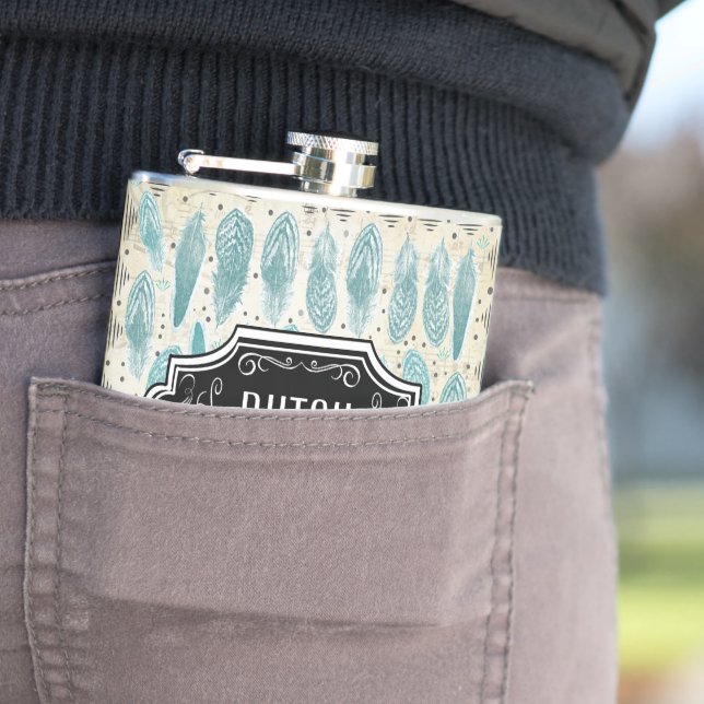 Feathers Black and Tan Hipster Pattern Hip Flask (In Situ)