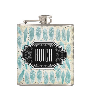 Feathers Black and Tan Hipster Pattern Hip Flask